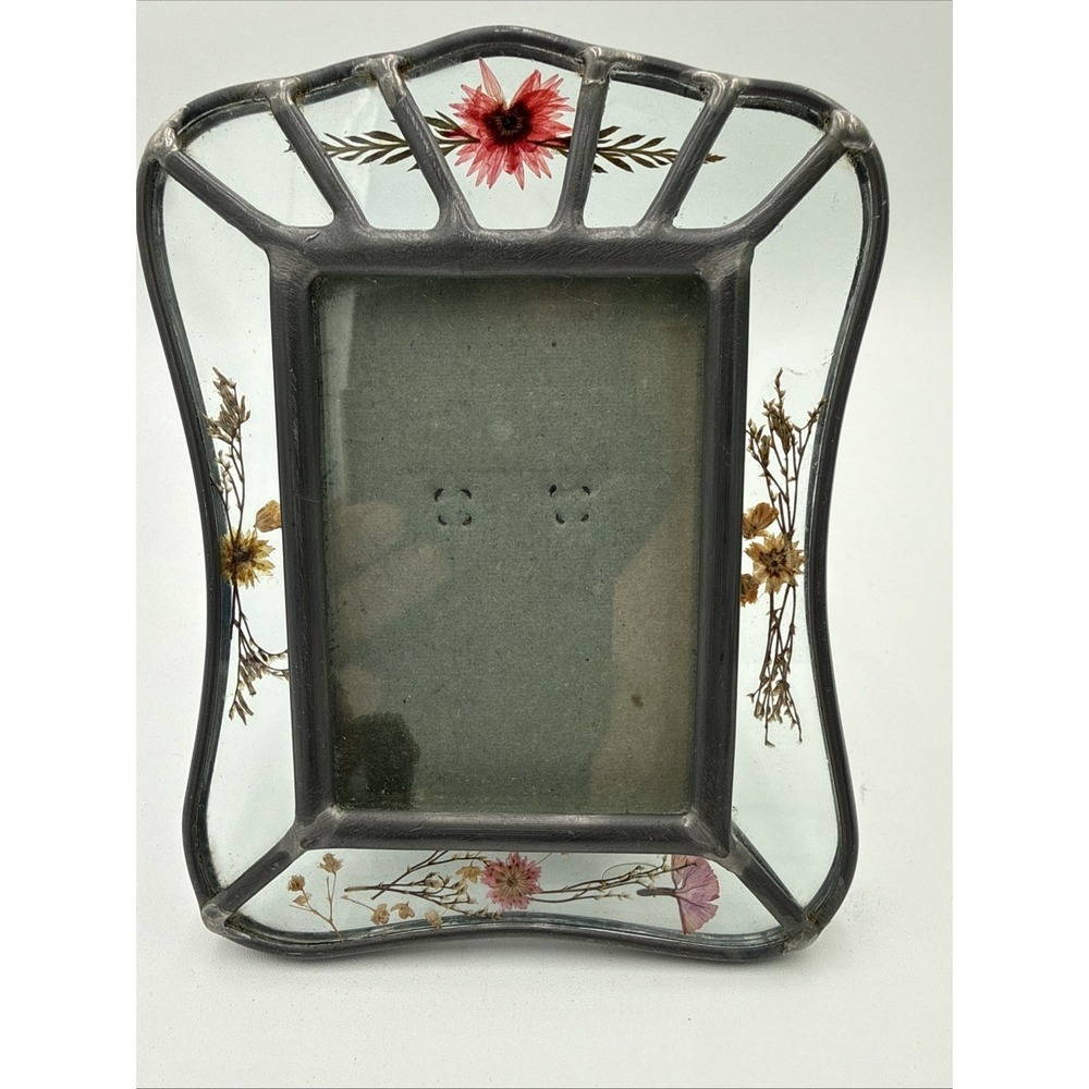 Vintage 1980s Pressed Flower Glass Frame Pewter Tone Picture Frame Cottagecore
